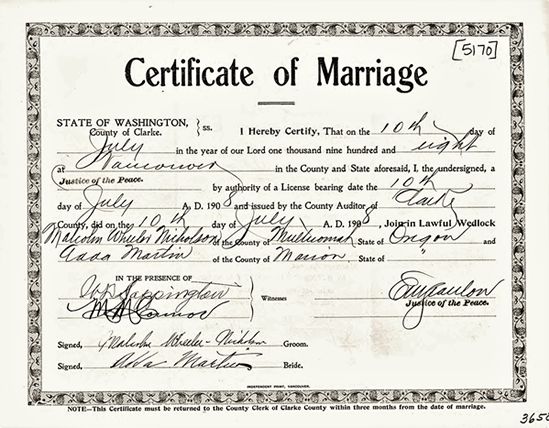 Malcolm Wheeler-Nicholson &amp; Adda Davenport-Martin marriage license (July 10, 1908)